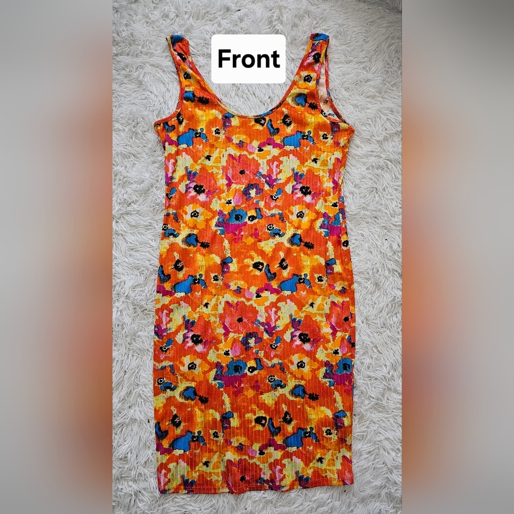 Bright Floral Bodycon Dress | Sleeveless Tank Midi | Size XL